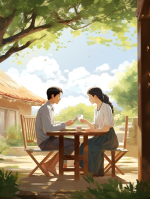 田园风光与细节——一对夫妇坐在花园桌旁的画