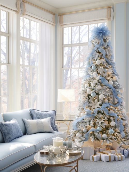 One,of,the,spare,rooms,had,a,gorgeous,blueChristmas,tree,,in,the,style,of,light,blue,and,white,,streamline,elegance,,jazzy,interiors,bright,and,bold,color,palette,,ethereal,trees,,soft,shading,,uhd,image,v5.2ar,3:4