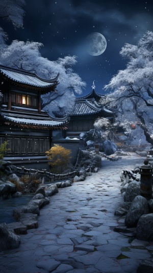 中国古代超现实CG效果图，夜晚枫树下的白叶与冬季雪景