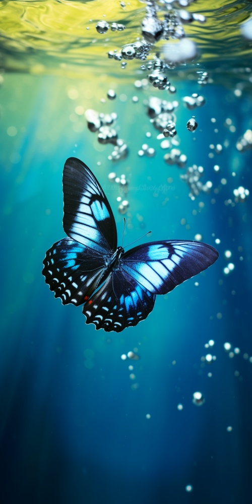 浅蓝深蓝黑条纹色的蝴蝶在水下。淡水淡的阳光倒进水面打在蝴蝶身上，超清晰的细节，高清画质