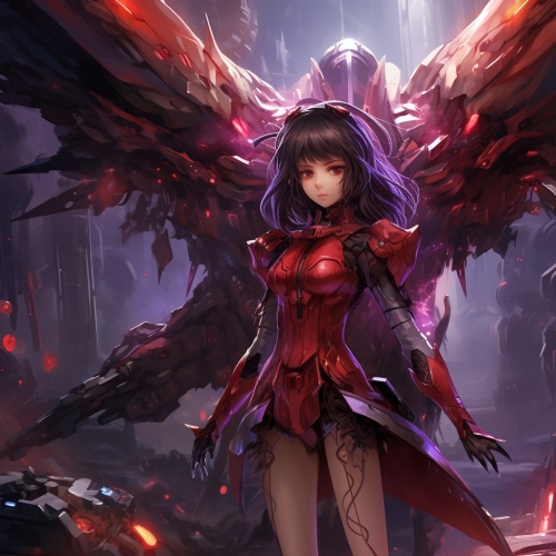 身穿机甲的红色紫瞳少女，机甲外表为红色，如同一只凤凰，少女手握一柄长剑。脚下是亿万敌人骸骨。