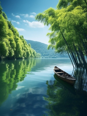 阳光明媚，一条湖在竹林的中间，湖水清晰可见，翠绿的竹林影在湖面上，湖的中间有条竹船