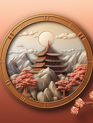 Design,a,round,badge,with,a,border,,with,Chinese,character,in,the,drawing,,Chinoiserie,picture,quality,Taoist,temple,,mountains,,purecolor,background,,low,saturation,,3d,model,,model,rendering,,studio,lighting,,texture,v,5.2,style,raw,s,750,ar,1:1