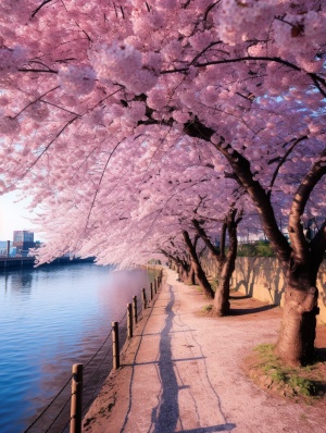 河边粉色樱花树下的超高清唯美画质