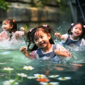 水中嬉戏的中国小女孩