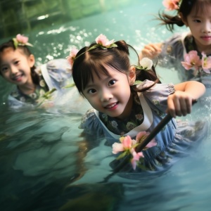 大自然的天然池塘，一群5岁的中国小女孩在水中嬉戏打闹，写实，真实，特写，写真，超高清画质