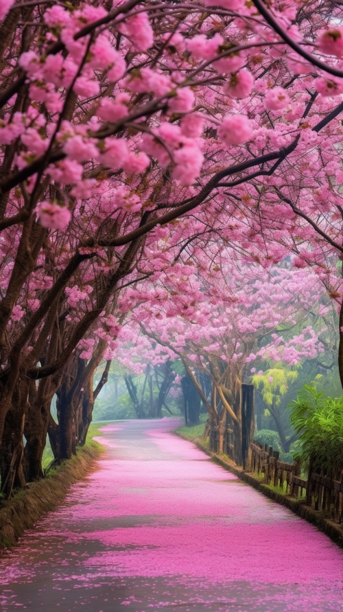 春天，古代的乡村小路，路两旁的小树上开满鲜花