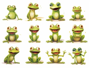9种姿势，表情包，线条简单，简笔画，表情有愤怒，大笑，害羞，尴尬，白眼，比心，上号，干饭，傲娇，一个可爱的，绿色的小青蛙