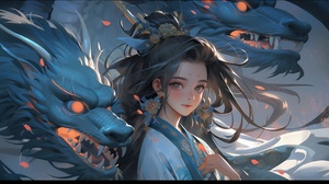 2.5D中国风，可爱版，霸气，阴险，a,blue,dragon,has,wings,and,makes,his,way,to,the,moon,,in,the,style,of,dark,aquamarine,and,orange,,he,jiaying,,strong,facial,expression,,nocturne,,lively,illustrations,,realistic,color,schemes,,mesmerizing,colorscapes中秋夜