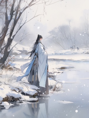 江边的汉服男子注视结冰江面的中国插画