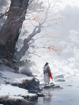 江边的汉服男子注视结冰江面的中国插画