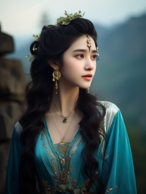 古代美女的青绿长裙、乌发与笑容