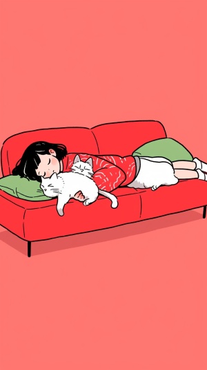 A,little,cute,girl,lying,on,the,sofa,,with,a,cute,cat,,doodle,in,the,style,of,Keith,Haring,,sharpie,illustration,,clean,bakground,,minimalism,niji,5s400