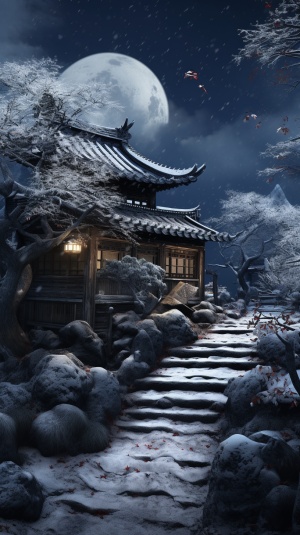 中国古代CG效果图：冬夜枫树下的乳白白叶