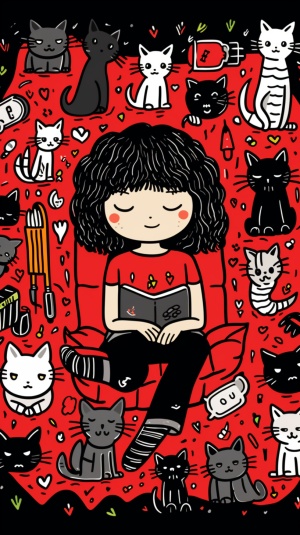 Cute Girl and Cat: Keith Haring Style Doodle