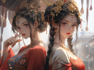 古风两位美女头戴饰品穿汉服的高清大师杰作