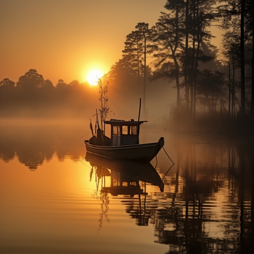 清晨，湖面，渔船，日出，逆光