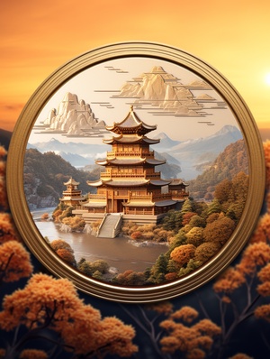 Design,a,round,badge,with,a,border,,with,Chinese,character,in,the,drawing,,Chinoiserie,picture,quality,Taoist,temple,,mountains,,purecolor,background,,low,saturation,,3d,model,,model,rendering,,studio,lighting,,texture,v,5.2,style,raw,s,750,ar,1:1