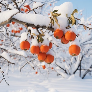 柿子树枝头留着一个熟透的柿子，上边驮着厚厚的积雪，地上厚厚的积雪，严冬已经到来。