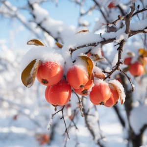 柿子树上的熟透柿子与积雪：严冬即至