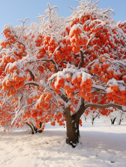 一棵高大柿子树，枝繁叶茂，挂着许多红色熟透，晶莹通透的大红色柿子，上边驮着厚厚的积雪，地上厚厚的积雪。