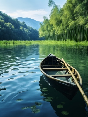 天空是蓝色的，两边翠绿的竹林，影在湖面上，湖的正前方有一条竹船