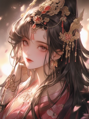 1girl,,artist_name,,black_hair,,chinese_clothes,,crown,,earrings,,jewelry,,lips,,long_hair,,looking_at_viewer,,petals,,solo,,upper_body