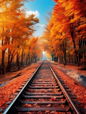秋叶环绕的火车轨道