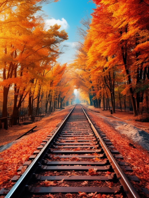 火车轨道被美丽的秋叶环绕，壮观风景令人陶醉，色调明快，呈现出黄色和橙色的风格，光线充足，墙纸般的壁纸，绚丽多彩。秋叶超逼真，超清晰，