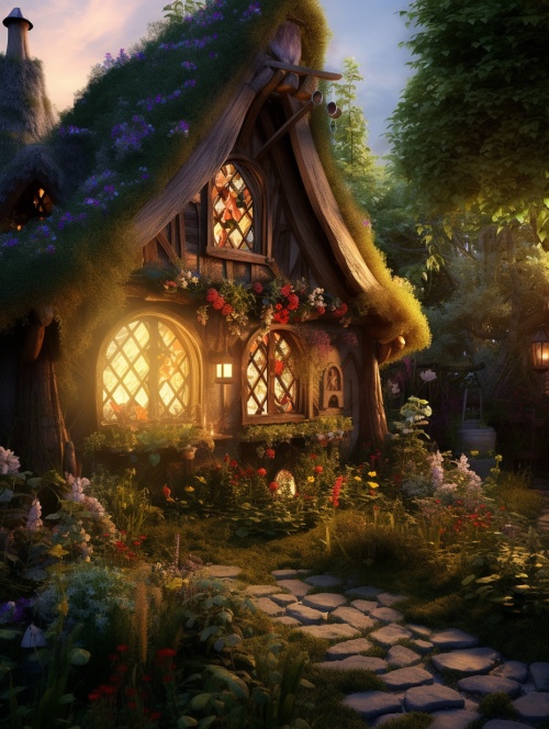 梦幻花园，童话小屋，屋里面有灯光照射出来，屋檐上挂满了发光的灯泡，花草，风景，真实场景，超高清画质，3D立体感