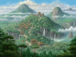 中国古庙与山塔的自然光下的油画景观