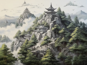 中国古庙与石塔的山岭油画风景