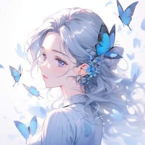蓝色头发和蝴蝶般的丁香花