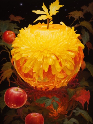 一个晶莹剔透的苹果，苹果上戴着一朵黄色菊花。