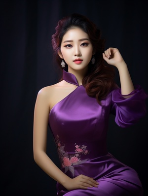 Beautiful Asian Woman Posing in Purple Dress