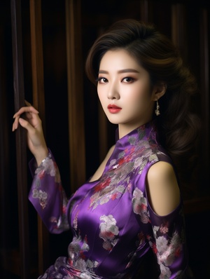 Beautiful Asian Woman Posing in Purple Dress