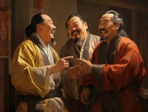 古代，古风，三四个壮汉穿着汉服站在一起说笑