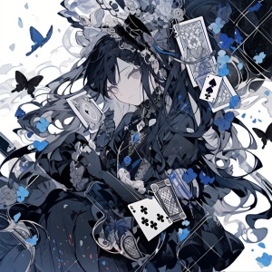 1999 Card Style: Long White Hair, Black Pupils, Girls in Black Dress with Intricate Patterns, Floating Black Ribbons in the Hands, Blue Eyes