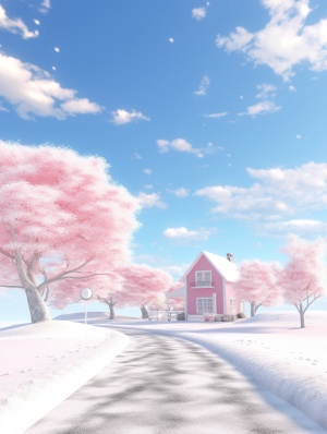 美丽的雪景下的温馨小房子和粉色爱心树
