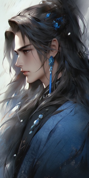 Handsome young man with long black hair and immortal air