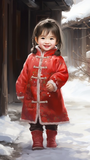 winter,,2-years-old-tiny-little-kid-cute-girl,,realistic-cartoon,,mild-asia-chinese,,red,chinese,traditional,dress,,fur,collar,,cotton-padded,shoes,,laughing,,lantern