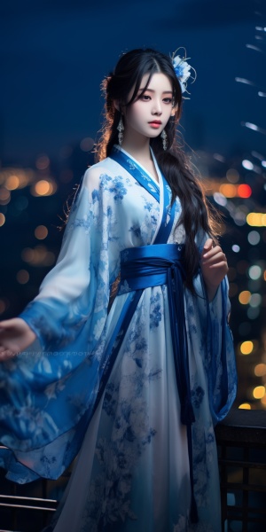 中国女孩在梦幻星空背景下展现华丽汉服风采