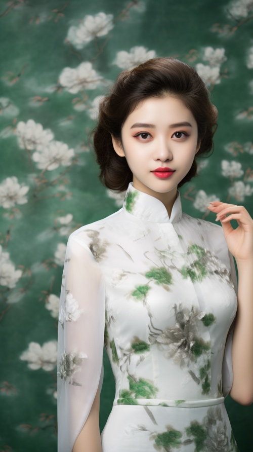 A,woman,wearing,a,white,and,green,chinese,cheongsam,,in,the,style,of,soft,,dream,-,like,quality,,vintage,academia,,soft,femininity,,pictorial,fabrics,,delicate,pointillism,,gossamer,fabrics,,traditional,costumes