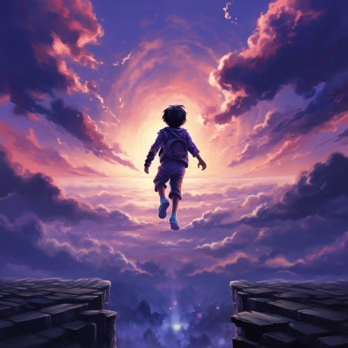非常唯美，色调色调是紫色蓝色，一个孩子。在挑。在跳跃。天空中隐约出现几个字，不要超越极限