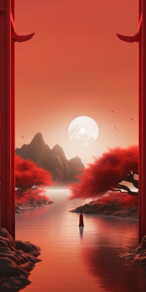 Hanfu Man Standing Next to Red Structure in Flowing Landscape Style