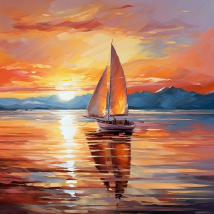 湖中残菏，日落阳光，帆船之美