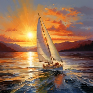 湖中残菏，日落阳光，帆船之美