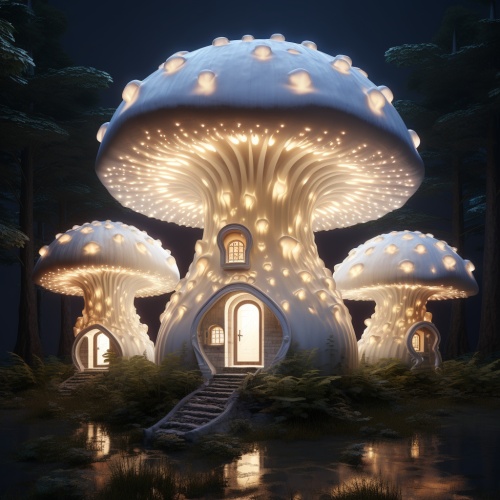三朵白蘑菇，白蘑菇里象房子，灯光从内向外照射