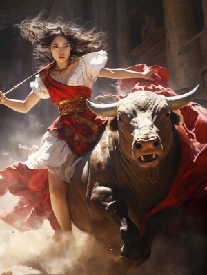 A,Chinese,girl,in,a,red,dress,fighting,a,bull,in,the,Colosseum,in,Rome,,realism,,photo,,fantasy,art,,digital,art,,realistically,drawn,art,,modern,world,,many,realistic,details,,photorealism,,realism,,photo,,HD,v,5.2,s,50,-,Image,#2