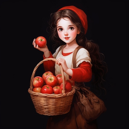 一个女孩，拎着一篮苹果。